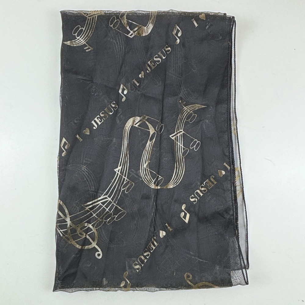 "I Love Jesus" Music Scarf Womens OS Black Gold Sheer Mesh‎ 20x60 Inches